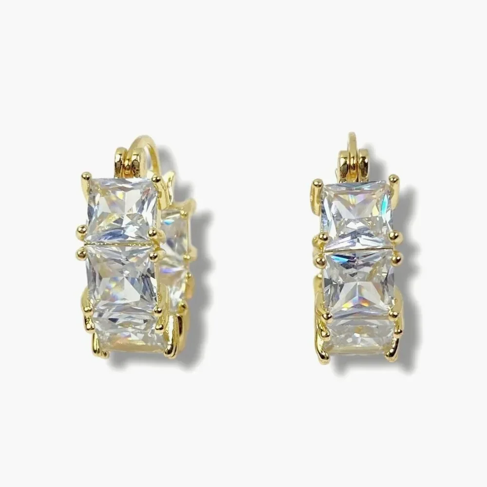 Square Crystal Hoop Earrings Gold Tone Sparkle Evening Elegant Formal Black Tie